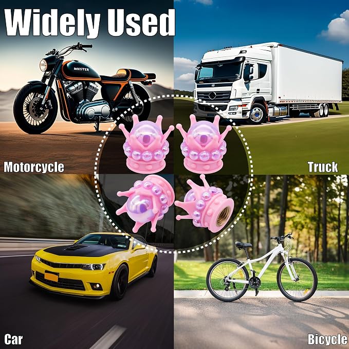 4PCS Crown Bling Tire Stem Valve Caps, Crystal Diamond Tire Air Cap Set Universal Copper Core Stem Covers for Cars, SUV, Trucks, Bikes, Motorcycles, Bicycles (Pink & Purple)