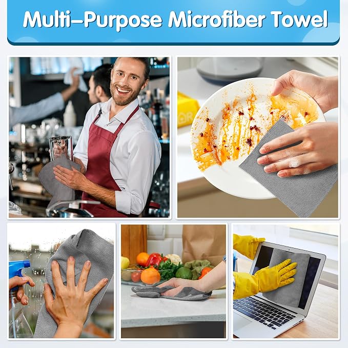 Grey Microfiber Cleaning Cloth, Pack of 50, 16"X12" Cleaning Rags for Housekeeping and Kitchen, Reusable Shop Towels, Microfiber Towels for Cars, Lint Free, Scratch-Free, Highly Absorbent