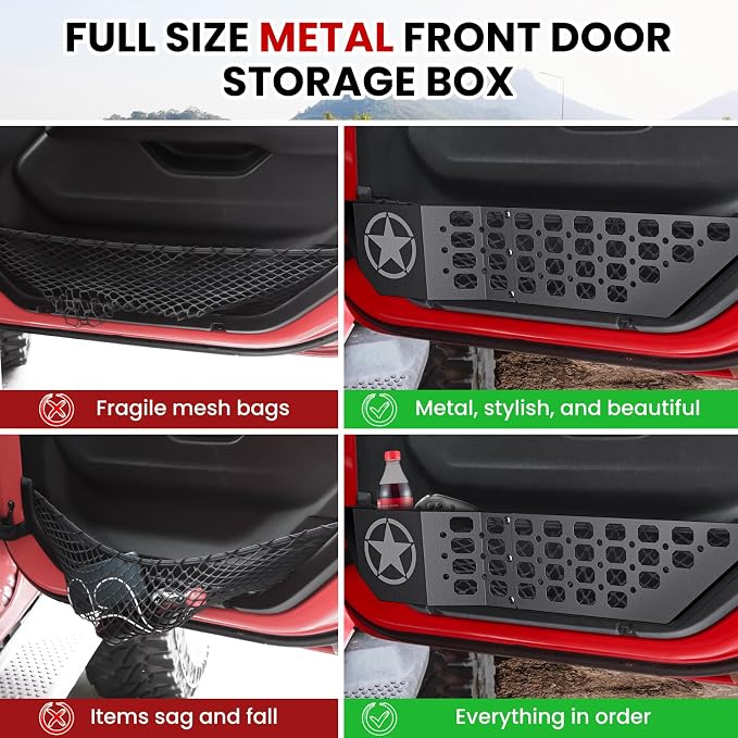 Metal Front Door Pocket Storage Box for Jeep Wrangler JL JLU 4XE 2018-2026 & Gladiator JT 2020-2023 2024 2025 2026 Accessories Door Organizer Storage Molle Panels (Not for Power Seats), 2PCS