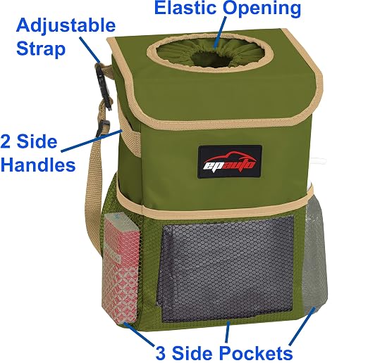 Waterproof Car Trash Can with Lid and Pockets, 2.5 Gal, Green | Leakproof, Collapsible Multipurpose Car Bin with 3 Side Storage Pockets, Adjustable Straps