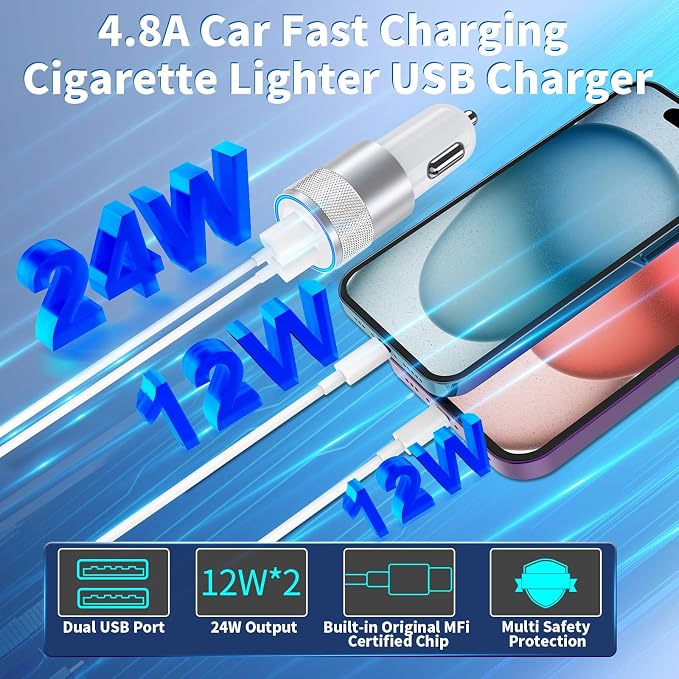 [Apple MFi Certified] iPhone Fast Car Charger, 2Pack 4.8A Dual USB Car Power Cigarette Lighter USB Car Carplay Charger Adapter with Lightning Cable for iPhone 14 13 12 11 Pro XS XR X 8 iPad