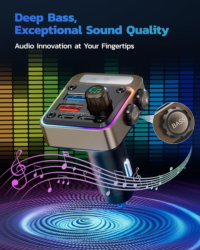54W Bluetooth 5.3 Car Adapter with 4 Charging Ports [PD 36W & QC3.0 18W], Wireless Radio FM Transmitter with Deep Bass Player & 5 Colors LED Backlit, Hands-Free Calling - Gold