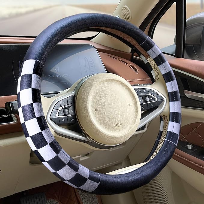 Lattice Car Steering Wheel Cover Microfiber Leather Non-Slip Comfort Universal 15 inch Checkered Plaid Wheel Protector for Truck, SUV, Cars (Black White)