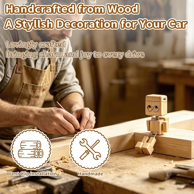 2-in-1 Wood Car Air Diffuser - Shaking Wooden Man Figurine, Wooden Car Dashboard Decorations, Shaking Feet Wooden Doll with Car Vent Clips, Funny Car Accessories Interior Gift