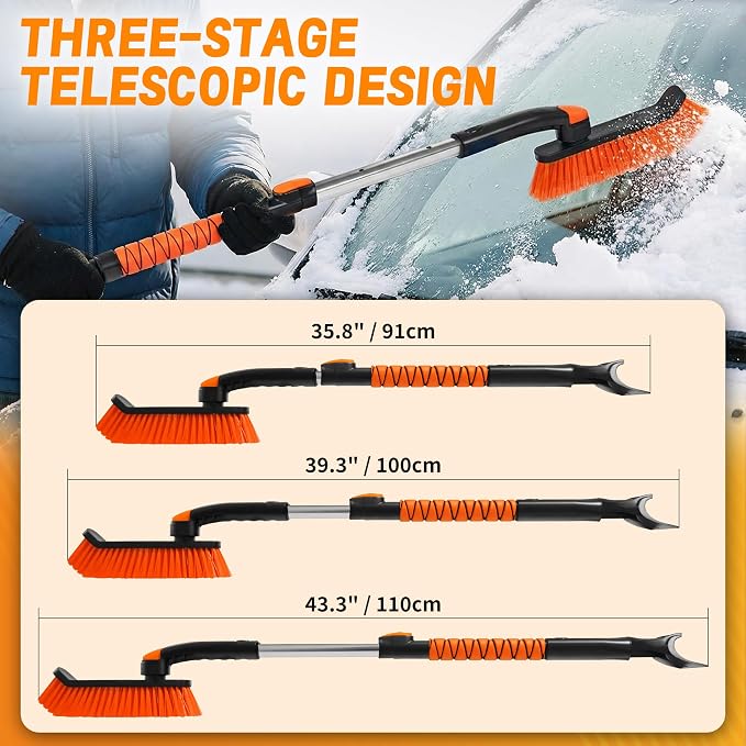 2-in-1 Upgrade 44" Extendable & Removable Snow Brush with Ice Scraper for Car Windshield, 360° Pivoting Brush Head, EVA Foam Grip for SUV, Trucks, Auto