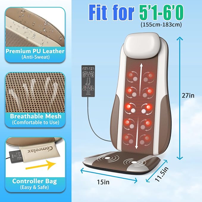 Shiatsu Back Massager with Heat, Massager Chair Pad for Pain Relief Deep Tissue with Smart Timer, Kneading Seat Cushion Vibration for Office, Home, and Travel Use