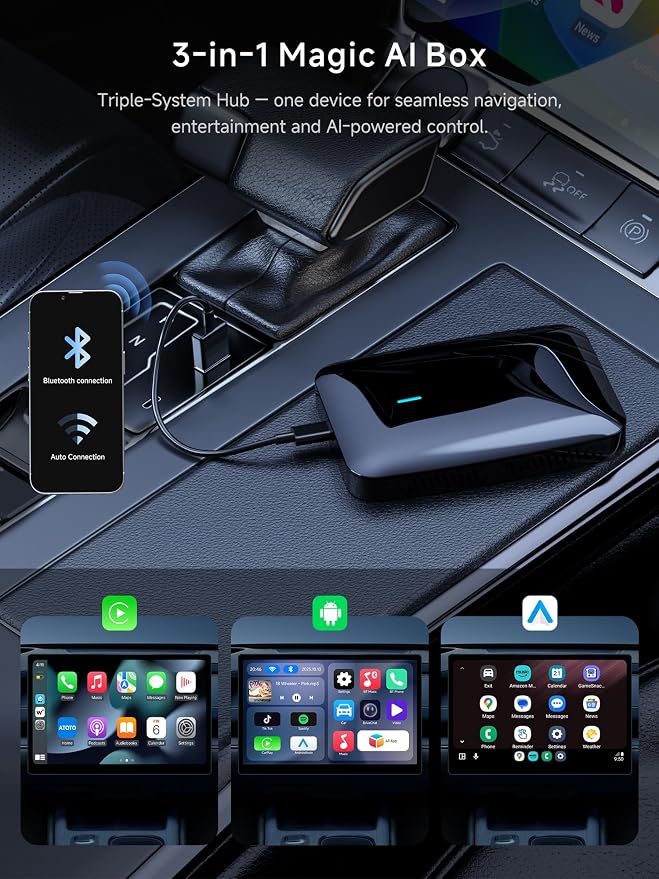 Wireless CarPlay&Android Auto Adapter Magic AI Box 4GB+32GB | Dual-WiFi Stability Enjoy Video & Music Apps, Compatible with Wired Factory CarPlay&Android Auto, Support for YouTube/Netflix