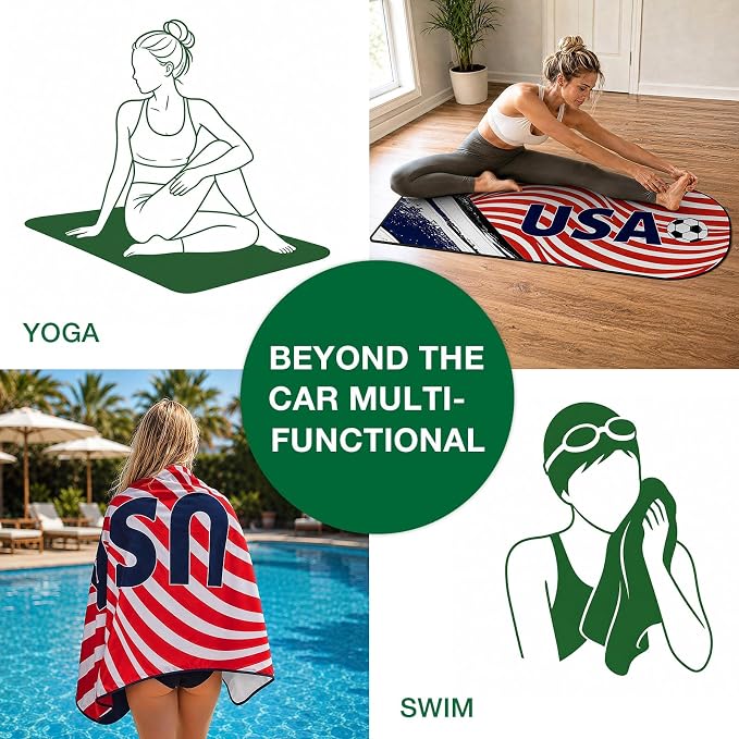 Car Seat Cover Towel, Universal Fit Front Seat 57 x 30 Inch Non Slip Soft Waterproof Absorbent instantly Sweat Protector, for Gym Workout, Swimming, Beach, Soccer, Pet travel (America Soccer Style)