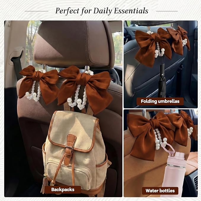 2PCS Satin Bow Pearl Car Seat Headrest Hooks – Car Bag Holder & Vehicle Hanger for Purses – Cute Coquette Aesthetic Interior Decoration – Cute Auto Organizer Accessories Universal (Woody Brown)