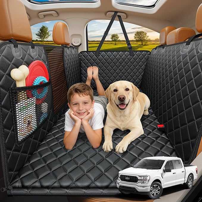 XL Dog Backseat Extender for Full-Size Crew Cab Truck, Hard Bottom Dog Car Seat Cover for Back Seat Holds 400lbs, Waterproof Dog Hammock Pet Rear Seat Protector Travel Bed for F150 / Silverado