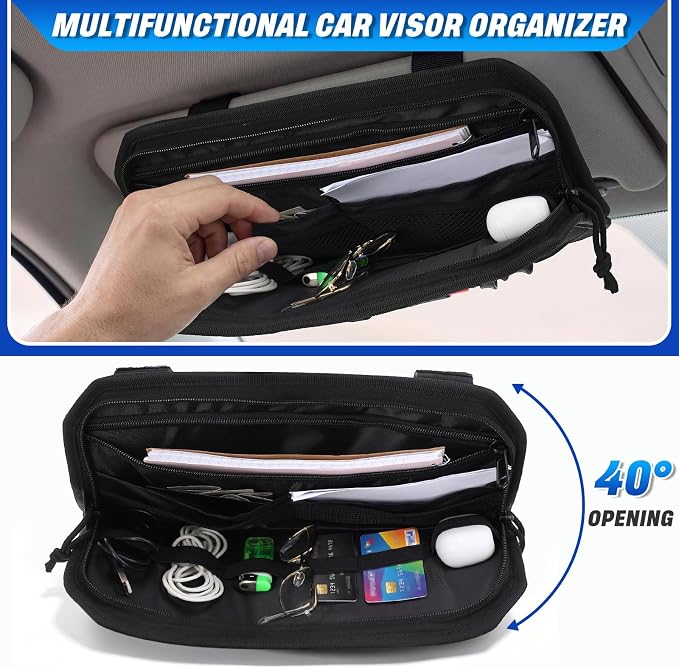 2 Pack Car Visor Organizer Sun Visor Organizer Tactical with Zipper Storage Pouch and Sunglasses Holder Clip for Truck Police Vehicle Equipment