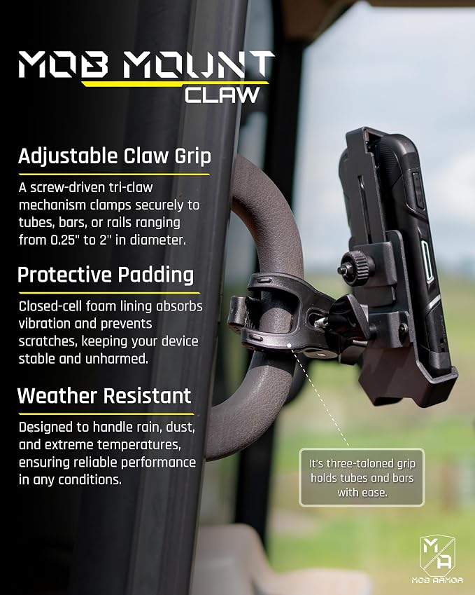 Mob Mount Claw with 360° Rotation - Universal Phone Mounting Clamp for Motorcycle, Jeep, Dirt Bike, Car, ATV, Boat, Truck, Emergency Vehicle - Large, Black