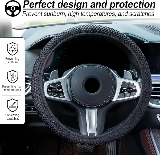 Elastic Stretch Steering Wheel Cover, Universal Interior Accessories Steering Wheel Cover for Women & Men, Breathable Microfiber Ice Silk, Anti-Slip, Odorless, Easy Carry(Black)