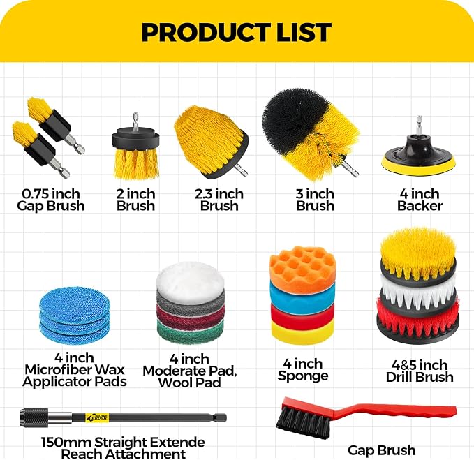 22Pack Drill Brush Attachments Set,Scrub Pads & Sponge, Buffing Pads,Power Scrubber Brush,Car Polishing Pad Kit,Wax Applicator Pad,Car Cleaning Kit,Masonry Brushes,Cleaning Supplies