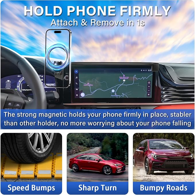 Magnetic Car Phone Holder for Toyota Camry XLE/XSE 2025-2026 Accessories | 12.3-Inch Screen, 2026 Toyota Camry Cell Phone Mount for Magsafe iPhone, 360° Hands-Free No Air Vent Blockage Stable Stand
