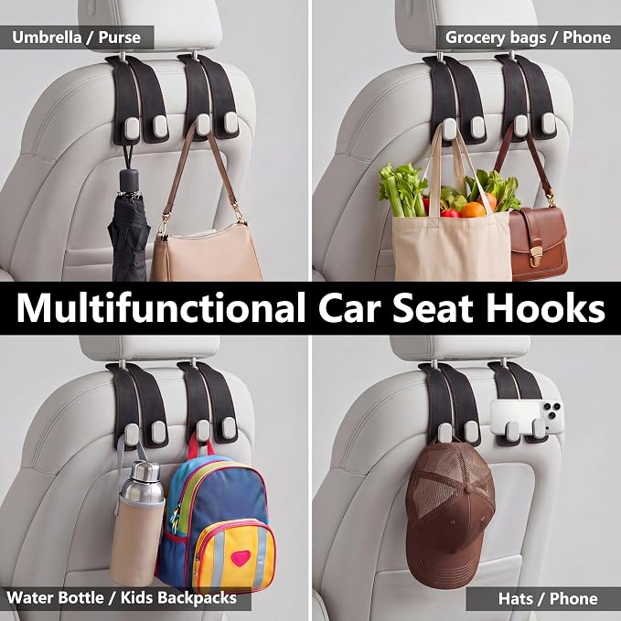 Car Seat Headrest Hooks for Purses & Shopping Bags, 2 Pack Suede Car Purse Hook, Double Hooks Secure Bags While Driving, Elegant & Durable, Simple to Install, Fits Handbags, Grocery Bags, Bottles.