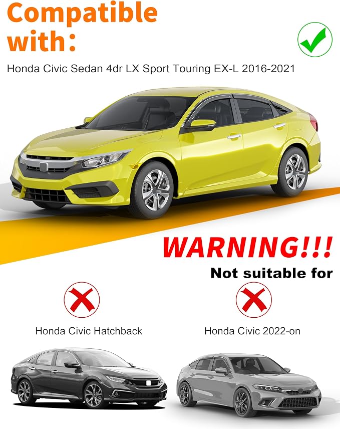 6-pcs Low-Profile Window Rain Guard for Honda Civic Sedan 4dr 2016-2021 Side Window Visors Extra-Thick Vent Visor LX Sport Touring EX-L Window Deflectors Vent Shades Car Accessories