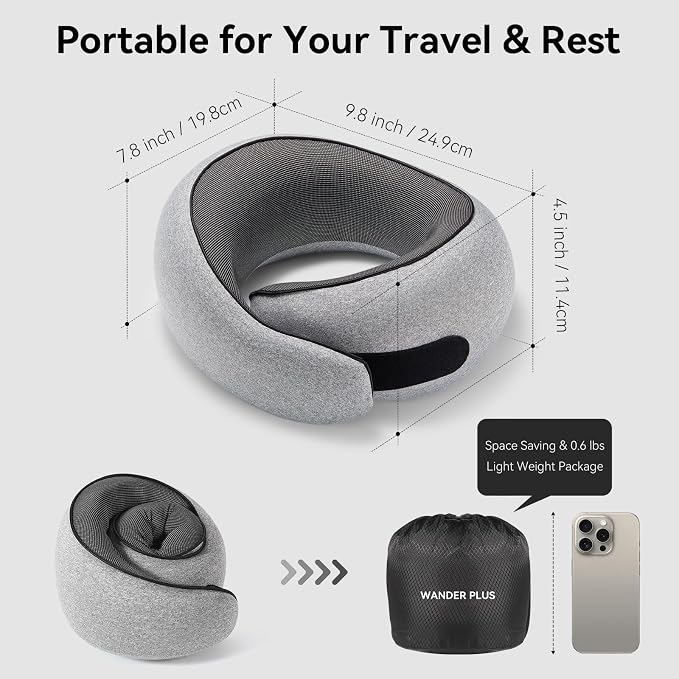 Travel Pillow, 100% Pure Memory Foam Travel Neck Pillow Airplane Neck Support Ergonomic Design Best for Sleeping Plane Car Train Office Flight for Adults Grey