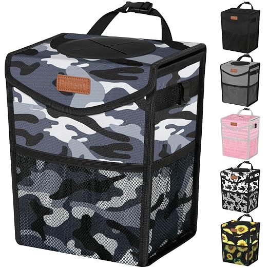 Car Trash Can with Lid, Cute Leakproof Car Trash Garbage Bag Hanging Vehicle Trash Bin Small Portable Automotive Garbage Cans Organizer for Back/Front Seat/Console(Trapezoid,Camo Grey)
