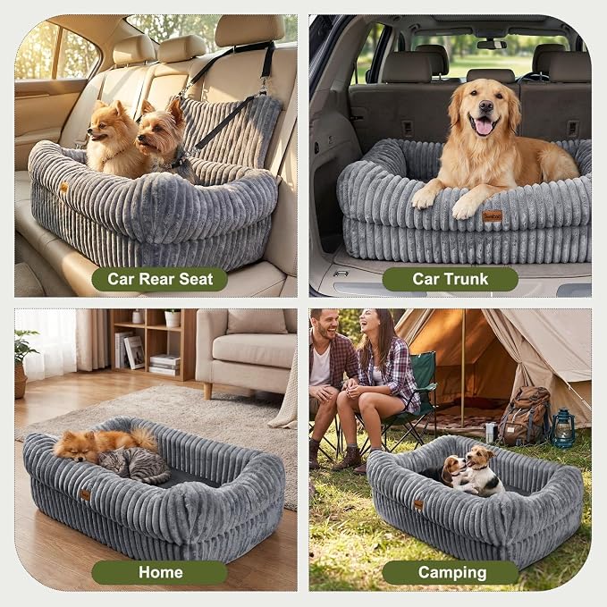 Dog Car Seat, Dog Booster Car Seats with Memory Foam, Thickened Cushion & Washable Removable Cover, Pet Travel Carseat Bed with Safety Leashes for Medium/Large Dogs or 2 Small Dogs, Gray