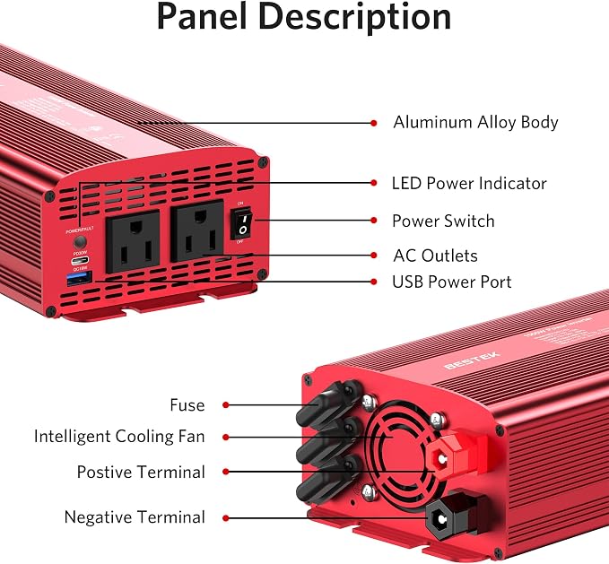 1000W Car Power Inverter, DC 12V to 110V Car Power Converter with 2 AC Outlets/30W PD USB-C/18W Quick USB A Charge Multi-Protection 1000 watt Power Inverter for Vehicles/Car/RV/Home