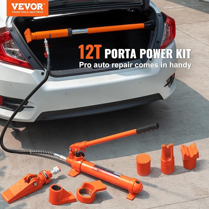 Porta Power Kit, 12 Ton Load, Portable Hydraulic Jack with 4.6 ft Extended Oil Hose, Long Handle Design, Auto Body Frame Repair Kit with Portable Storage Case for Car Repair, Truck, Farm