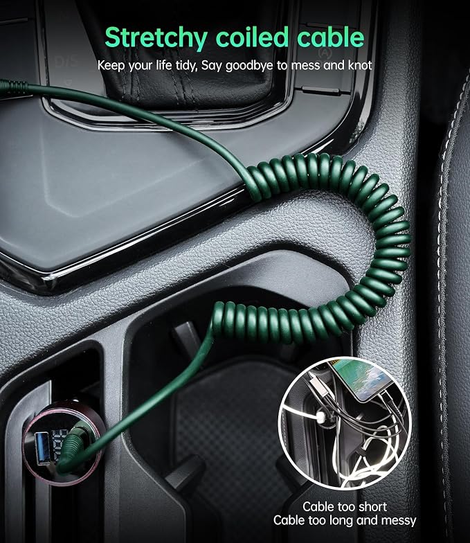 USB C Cable Fast Charging 60W 3FT/5FT, Coiled USB A to USB C Cable for Car, iPhone USB C Cable USB to Type C Charging for iPhone 17/16/15 Pro Max/Samsung Galaxy S20 S10 and More USB C Devices-Green