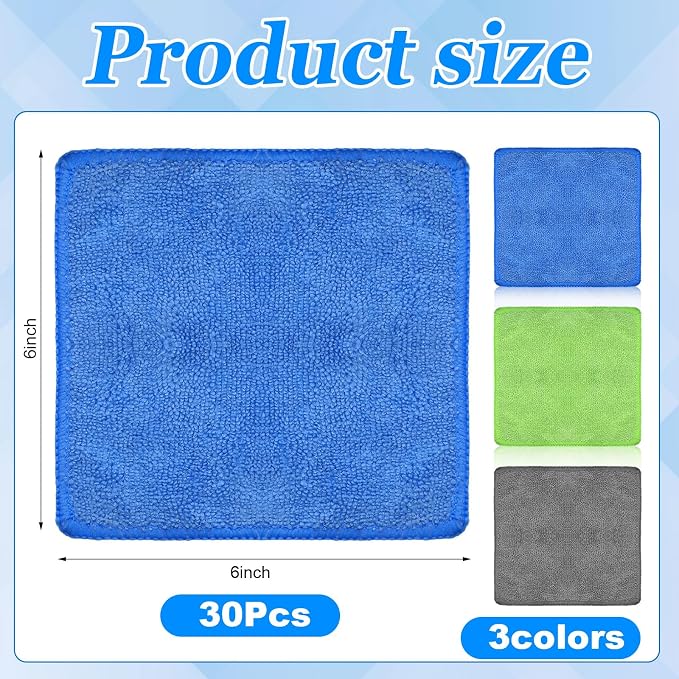 Cleaning Cloth Dry Erase Cloth Cleaning Rags Reasonable Kitchen Towels Microfiber Towels Cars Wash(6 x 6 Inch,Gray/Green/Blue,30 Pcs)