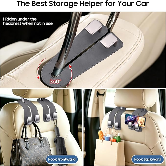 Car Headrest Hooks, Premium Suede with Metal Car Seat Back Storage Hooks for Handbag Coats Umbrella Backpack - 4 Pack, Gray