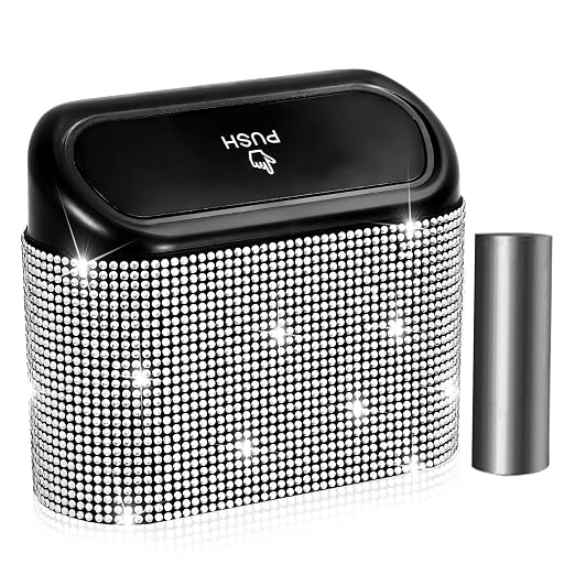 Bling Car Trash Can with Lid, Mini Auto Garbage Can with 30 Trash Bags, Leakproof Automotive Garbage Container Bin, Bling Car Accessories Trash Can for Women (Silver Diamond)