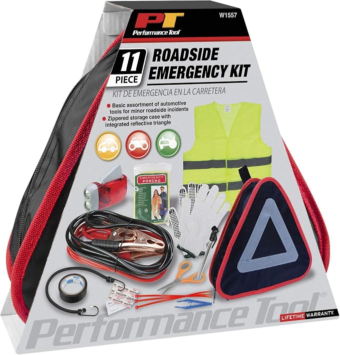 W1557 Roadside Assistance Kit with Jumper Cables, Reflective Triangle, Flashlight, Safety Vest, and More, in Zippered Storage Case