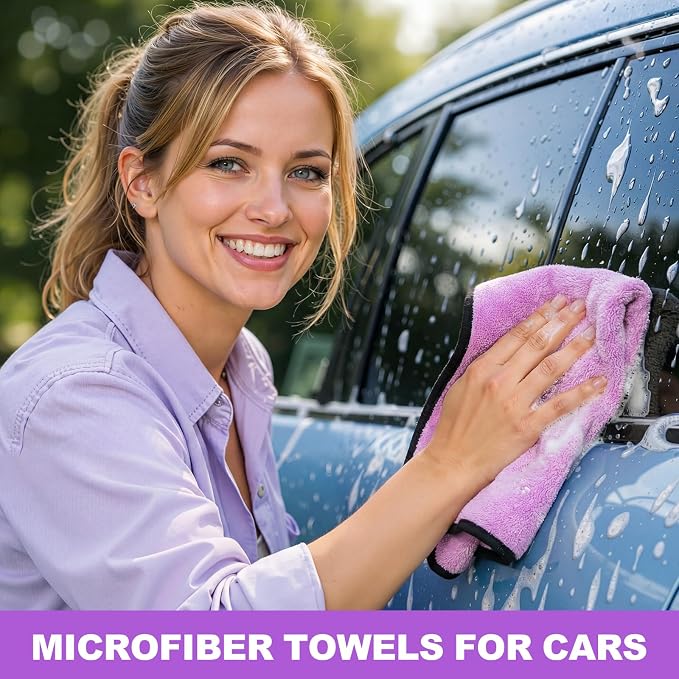 12 Pcs Microfiber Towels for Cars, 800 GSM Plush Drying Cleaning Cloth Bulk, 16 x 16 Inch Thick Absorbent Wash Detailing Towels for Car Polishing, House, Kitchen Cleaning(Purple)