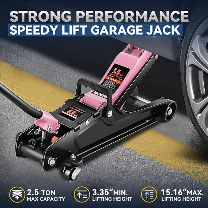 2.5 Ton Low Profile Floor Jack, Heavy Duty Steel Hydraulic Car Jack with Single Pistons Quick Lift Pump, Hydraulic Racing Floor Jack, Lifting Range 3.35" to 15", Pink