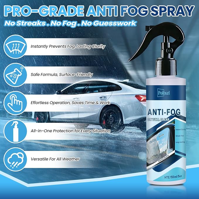 Glass Anti Fog Spray for Car Windshield - Windows Defogger Instantly Prevents Fog on Glasses, Car Windows & Mirrors - Streak-Free, Safe for All Surfaces - 5OZ/150ML