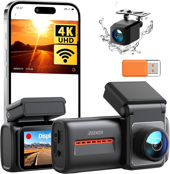4K Dash Cam Front and Rear, WiFi 6 Dash Camera for Cars, 4K+1080P Dual Dash Camera with APP Control, Night Vision, WDR, G-Sensor, Loop Recording, 24H Parking Mode, Voice Prompt
