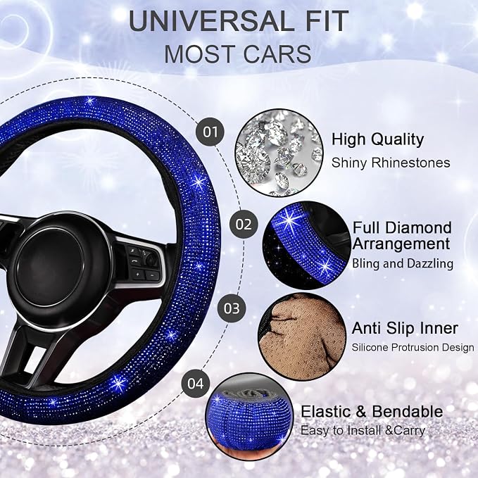 8 pcs Blue Bling Car Accessories Set for Women, Steering Wheel Cover, Sparkly Seat Belt Covers, Bling Gear Shift Cover, Universal Fit Most Cars (Blue Diamond)