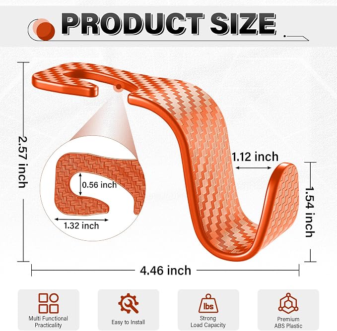 Universal 4 Pack Car Seat Headrest Purse Hook, Carbon Fiber Back Seat Hook Storage Organizer Hanger for Purse Handbag Coat, Car Interior Accessories(Orange)