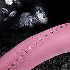 Bling Diamond Pink Leather Steering Wheel Cover, Studded Shining Rhinestones Universal Fit 14" 1/2-15" Glitter Sparkly Crystal Fit for Women Girl SUV,Vans,Sedans,Car,Trucks, Pink Diamond