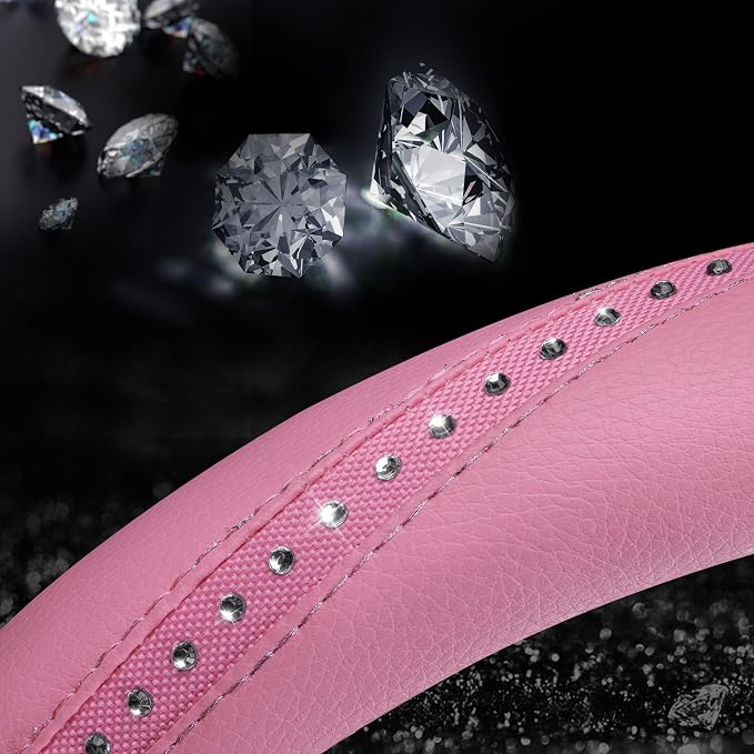 Bling Diamond Pink Leather Steering Wheel Cover, Studded Shining Rhinestones Universal Fit 14" 1/2-15" Glitter Sparkly Crystal Fit for Women Girl SUV,Vans,Sedans,Car,Trucks, Pink Diamond
