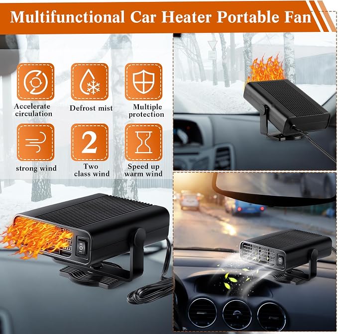 2 Pcs 12v 150w Portable Car Heater for Vehicle Plugs into Cigarette Lighter, 360° Rotatable Windshield Defroster, 2 in 1 Auto Heater Fan Defogger Warmer Electric for Cars SUV Universal(Black)