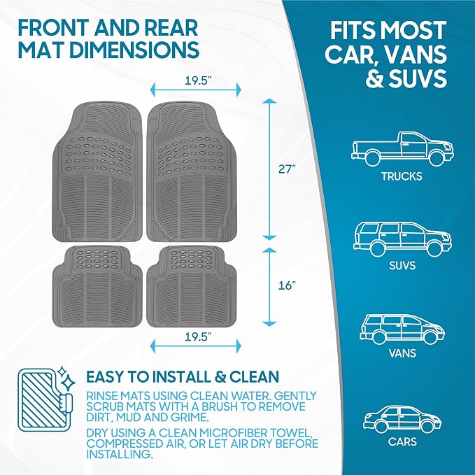 ProLiner Floor Mats for Cars Trucks SUV, 4-Piece All-Weather Car Mats with Universal Fit Design, Durable Car Floor Mats with Capture Ridges, Waterproof Rubber Floor Mats for Cars (Gray)