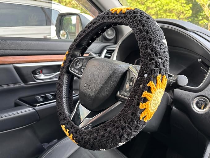 Handmade Crochet Sun Moon Car Steering Wheel Covers Universal 14-15 inch,Cute Steering Wheel Cover,Car Accessories (Black Steering Wheel Cover)