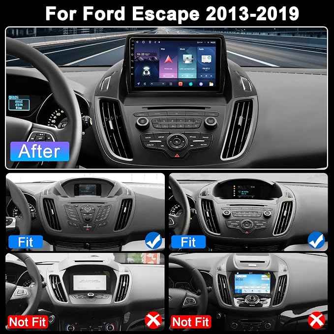 8Core 4G+64G Car Radio for Ford Escape 2013-2019: Upgrade Android 15 9" 1280 * 720P Touchscreen Stereo Head Unit CarPlay Android Auto, BT, WiFi 6, GPS, AM, FM, RDS, 36EQ, SWC, 1080P Backup Camera