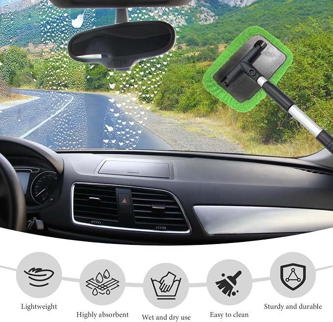Car Windshield Cleaner Tool, Detachable Car Window Cleaner with Aluminum Extendable Handle & 2 Reusable Cloth Pads, Washable Vehicle Windshield Cleaning Wand for Exterior (Green)