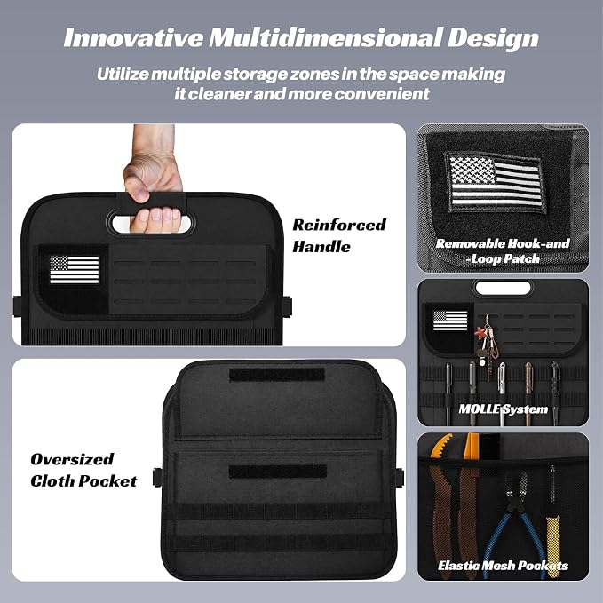 Car Trunk Organizer for SUV - 105L Collapsible Tactical MOLLE Car Storage with Reinforced Handles & Multiple Pockets, Sturdy Trunk Organizers for Groceries, Tools & Outdoor Storage (Black)