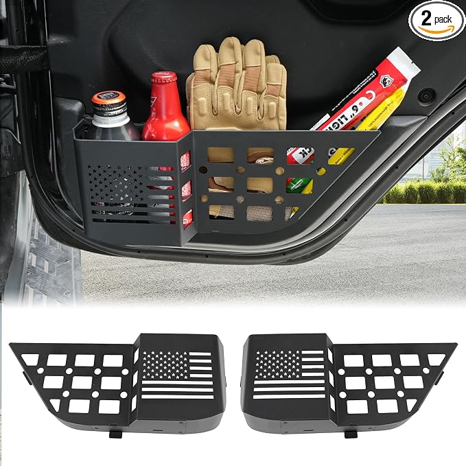 MAIKER Metal Rear Door Storage Box Compatible with 2018-2025 Jeep Wrangler JL JLU 4XE & 2020-2025 Gladiator JT, Insert Organizer Box Pockets for Replace Sagging Nets, 2PCS(Black)