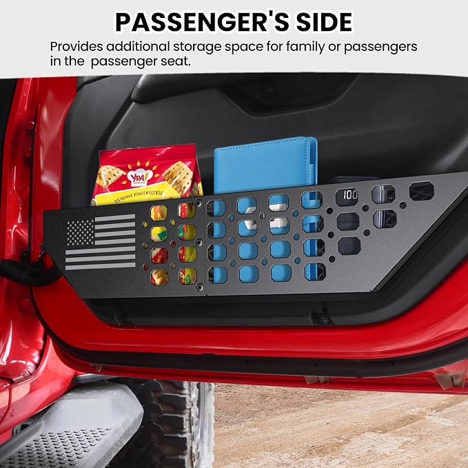 Metal Front Door Pocket Storage Box for Jeep Wrangler JL JLU 4XE 2018-2026 & Gladiator JT 2020-2023 2024 2025 2026 Accessories Door Organizer Storage (Not for Power Seats), Flat Flag, 2PCS