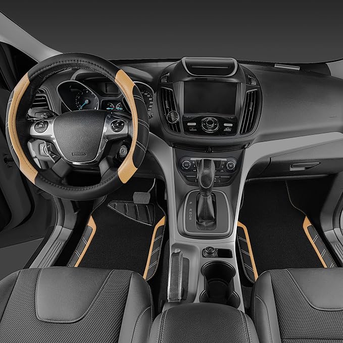 Microfiber Steering Wheel Cover and Waterproof Car Floor Mats,Leather Universal Car Combo Fit for 95% Truck,SUV,Cars,14.5-15inch Sporty Anti-Slip Safety Comfortable Design(Black and Beige)