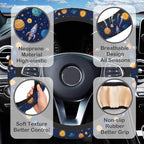 Cartoon Rocket Space Steering Wheel Cover for Women, Anti-Slip Doodle Planet Car Steering Wheel Cover with 2 Pcs Cup Holders Neoprene Breathable Car Accessories Universal 15 Inch Auto Interior Decor