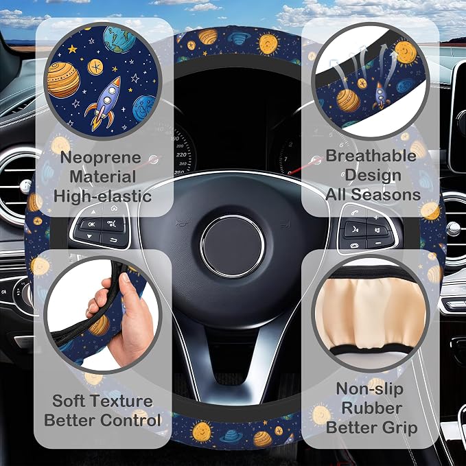 Cartoon Rocket Space Steering Wheel Cover for Women, Anti-Slip Doodle Planet Car Steering Wheel Cover with 2 Pcs Cup Holders Neoprene Breathable Car Accessories Universal 15 Inch Auto Interior Decor